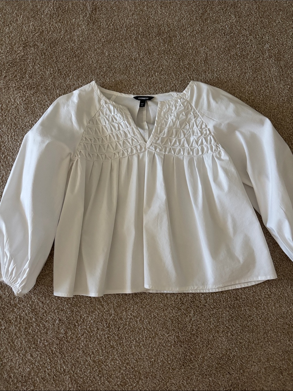Express White Smocked V-Neck Peasant Blouse